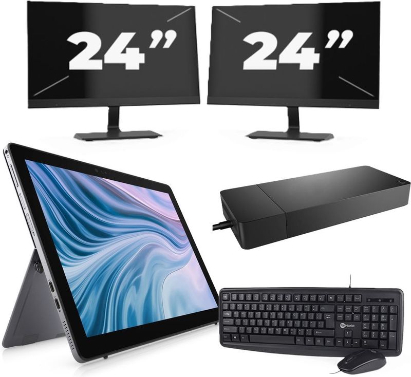 Dell Latitude 7210 - Intel Core i7-10e Generatie - 12 inch - 16GB RAM - 256GB SSD - Windows 11 Home + 2x 24 inch Monitor Zichtbaar gebruikt