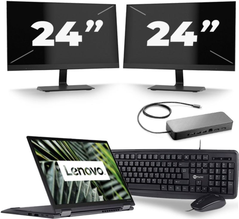 Lenovo ThinkPad X13 Yoga G1 - Intel Core i7-10e Generatie - 13 inch - 16GB RAM - 256GB SSD - Windows 11 Home + 2x 24 inch Monitor Zichtbaar gebruikt