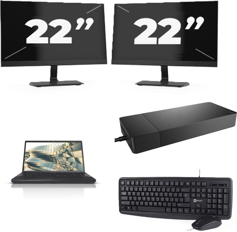 Fujitsu Lifebook A3510 - Intel Core i3-10e Generatie - 15 inch - 16GB RAM - 256GB SSD - Windows 11 Home + 2x 22 inch Monitor Nette Staat