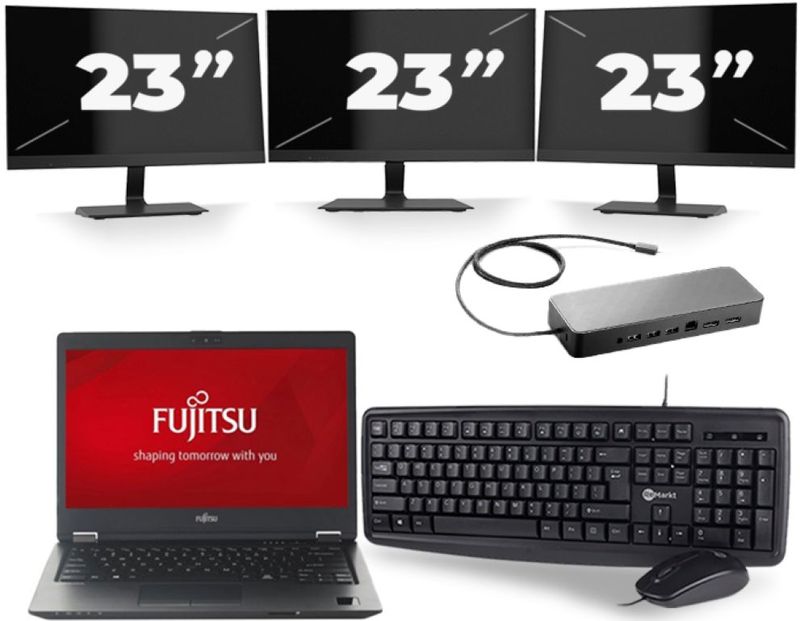 Fujitsu LifeBook U728 - Intel Core i7-8e Generatie - 12 inch - 16GB RAM - 256GB SSD - Windows 11 + 3x 23 inch Monitor Zichtbaar gebruikt