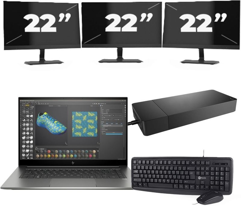 HP ZBook Studio G7 - Intel Core i7-10e Generatie - 15 inch - 16GB RAM - 256GB SSD - Windows 11 + 3x 22 inch Monitor Zichtbaar gebruikt