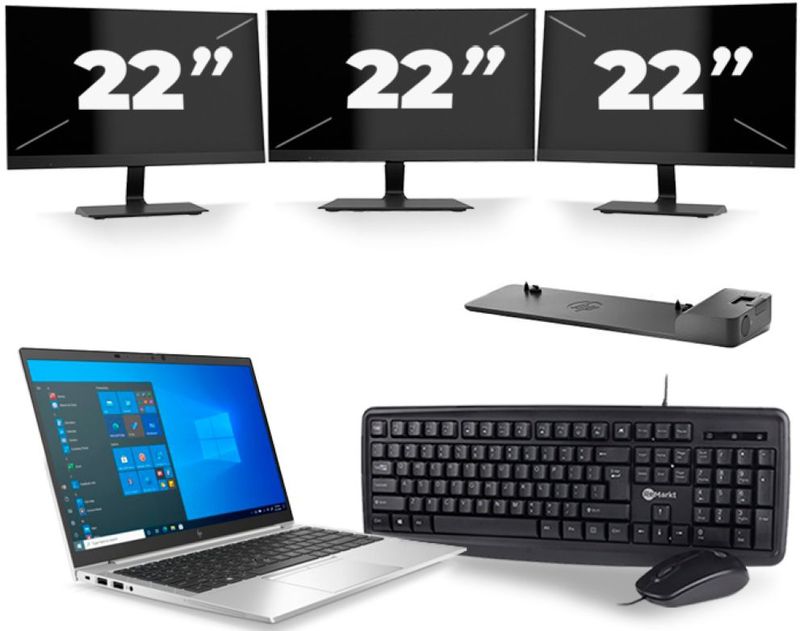 HP EliteBook 840 G8 - Intel Core i7-11e Generatie - 14 inch - 16GB RAM - 256GB SSD - Windows 11 + 3x 22 inch Monitor Zichtbaar gebruikt