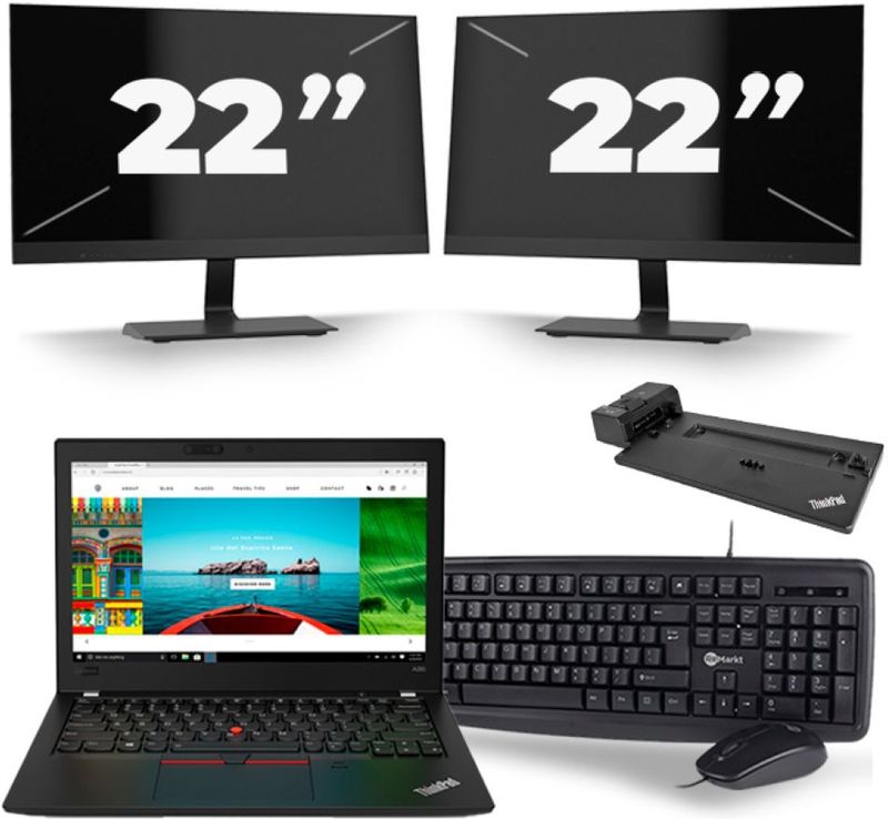 Lenovo Thinkpad A285 - AMD Ryzen 5 2500U - 12 inch - 8GB RAM - 256GB SSD - Windows 10 + 2x 22 inch Monitor Zichtbaar gebruikt