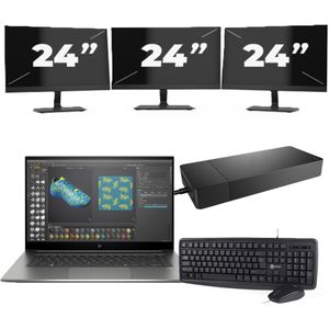 HP ZBook Studio G7 - Intel Core i7-10e Generatie - 15 inch - 16GB RAM - 256GB SSD - Windows 11 + 3x 24 inch Monitor Zichtbaar gebruikt