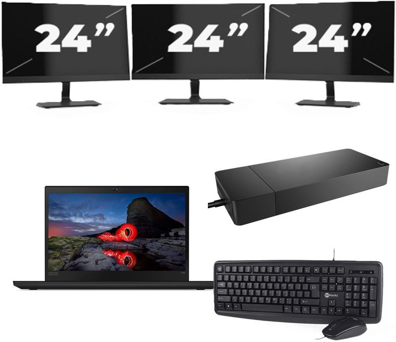 Lenovo ThinkPad T495 - AMD Ryzen 5 PRO 3500U - 14 inch - 16GB RAM - 256GB SSD - Windows 11 Home + 3x 24 inch Monitor Zichtbaar gebruikt