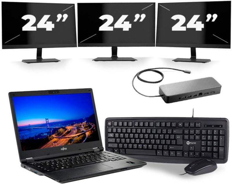 Fujitsu Lifebook E549 - Intel Core i3-8e Generatie - 14 inch - 8GB RAM - 256GB SSD - Windows 11 Home + 3x 24 inch Monitor Nette Staat