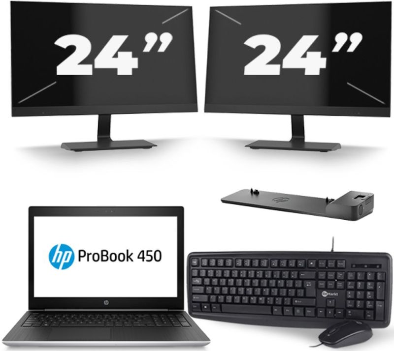 HP ProBook 450 G5 - Intel Core i3-7e Generatie - 15 inch - 8GB RAM - 256GB SSD - Windows 11 + 2x 24 inch Monitor Zichtbaar gebruikt