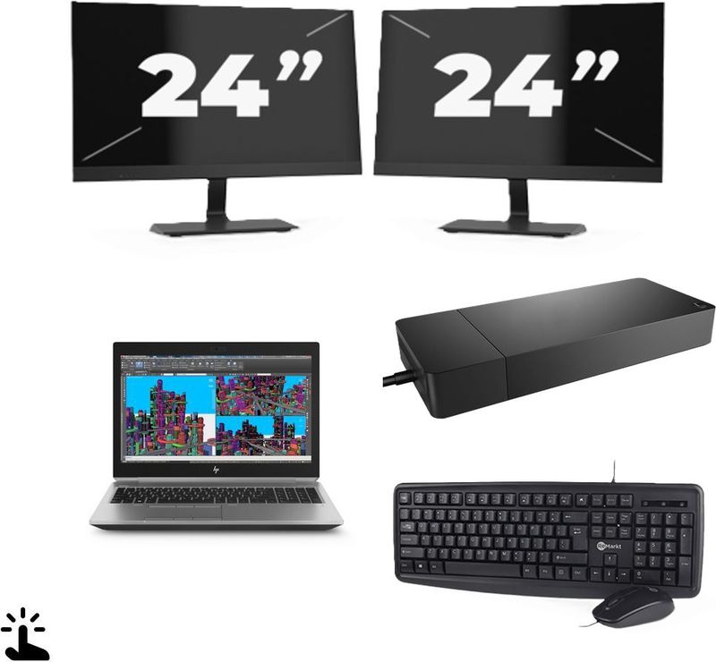HP ZBook 15 G5 - Intel Core i7-8e Generatie - 15 inch - Touch - 16GB RAM - 256GB SSD - Windows 11 Home + 2x 24 inch Monitor Nette Staat