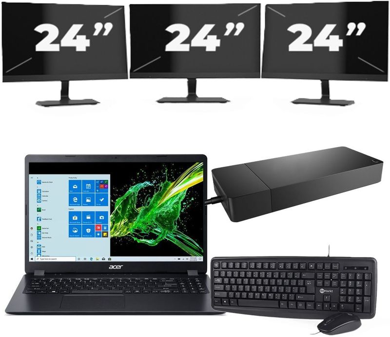 ACER Aspire A315-56 - Intel Core i3-10e Generatie - 15 inch - 16GB RAM - 256GB SSD - Windows 11 Home + 3x 24 inch Monitor Nette Staat