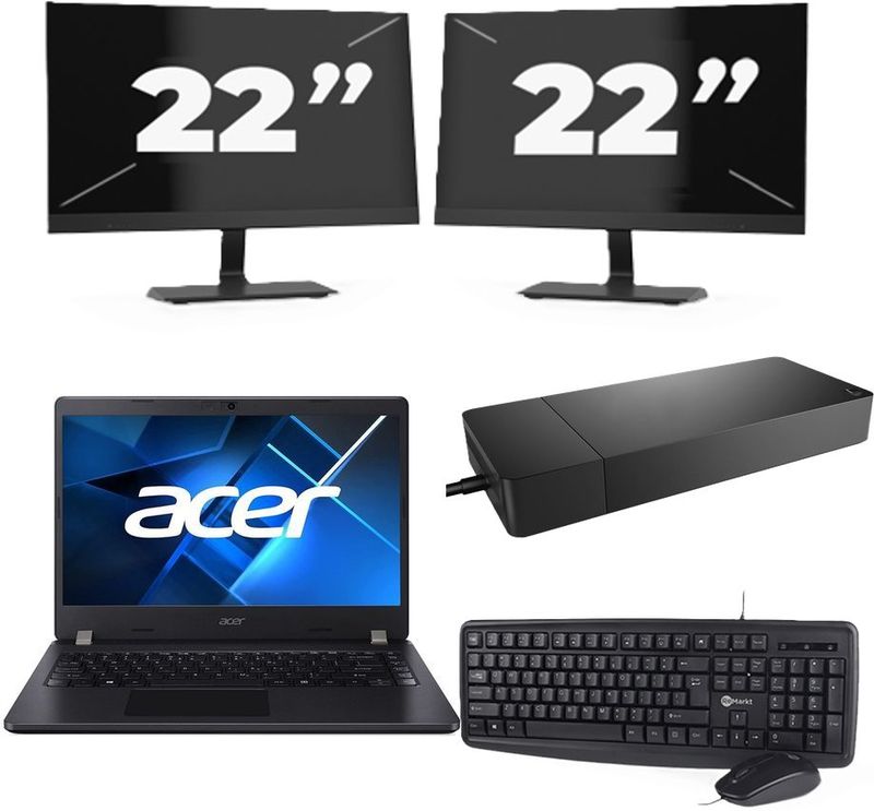 Acer TravelMate P214-53 - Intel Core i3-11e Generatie - 14 inch - 16GB RAM - 256GB SSD - Windows 11 Home + 2x 22 inch Monitor Zichtbare schade
