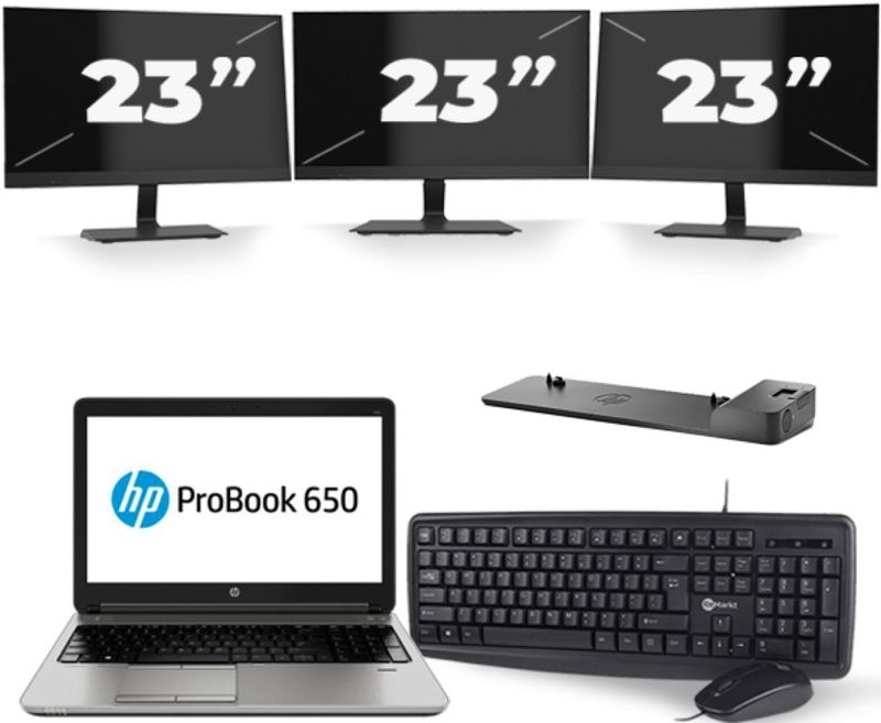 HP ProBook 650 G3 - Intel Core i5-7e Generatie - 15 inch - 8GB RAM - 256GB SSD - Windows 11 + 3x 23 inch Monitor Nette Staat