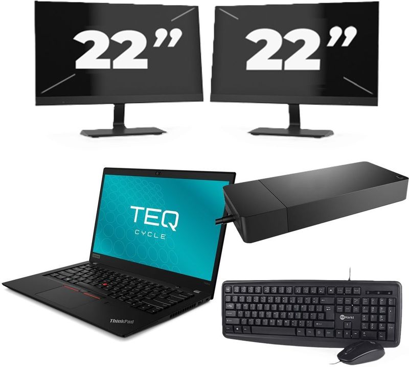 Lenovo ThinkPad T490s - Intel Core i5-8e Generatie - 14 inch - 8GB RAM - 256GB SSD - Windows 11 Home + 2x 22 inch Monitor Nette Staat