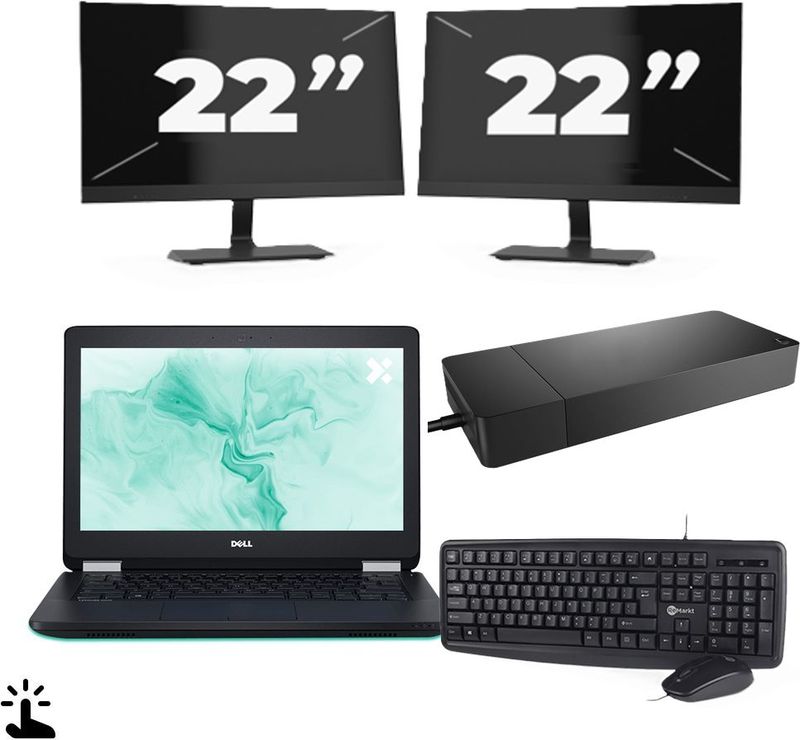 Dell Latitude E5270 - Intel Core i3-6e Generatie - 12 inch - Touch - 8GB RAM - 256GB SSD - Windows 11 Home + 2x 22 inch Monitor Nette Staat