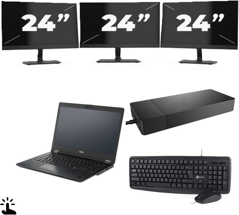 Fujitsu Lifebook U7410 - Intel Core i5-10e Generatie - 14 inch - Touch - 16GB RAM - 256GB SSD - Windows 11 Home + 3x 24 inch Monitor Nette Staat
