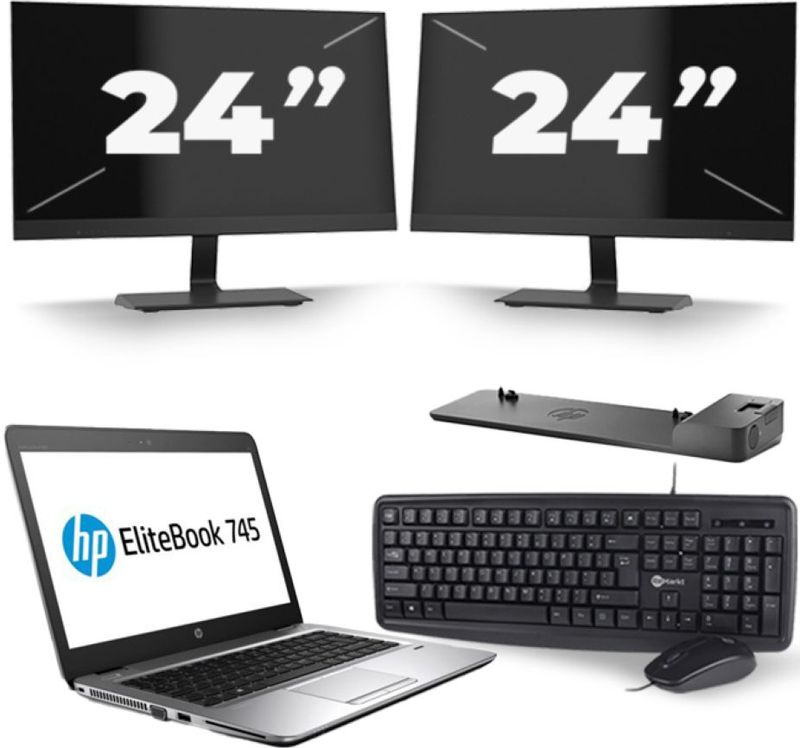 HP EliteBook 745 G3 - AMD PRO A10-8700B - 14 inch - 8GB RAM - 256GB SSD - Windows 11 + 2x 24 inch Monitor Zichtbaar gebruikt