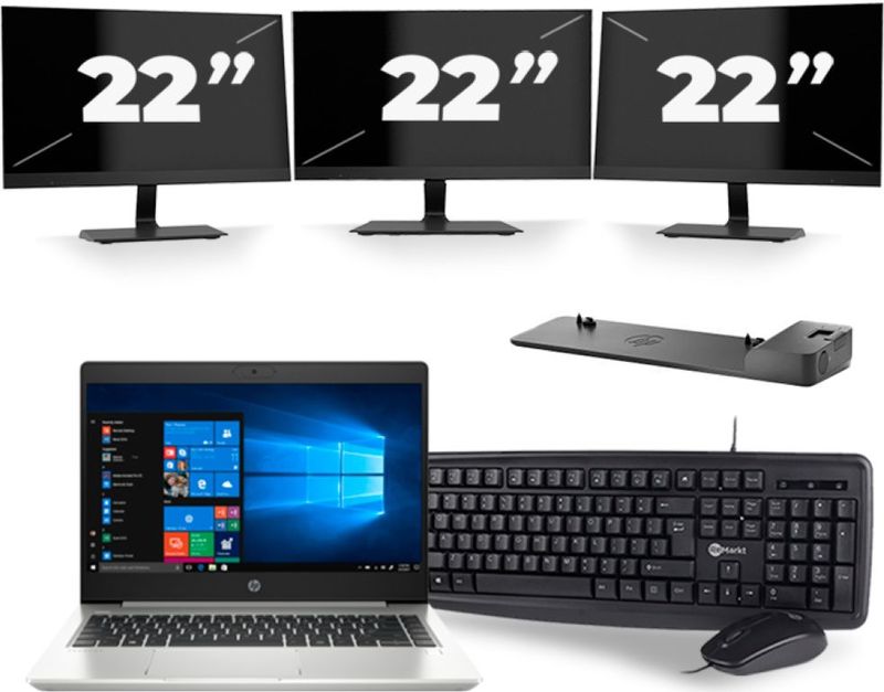 HP ProBook 445 G7 - AMD Ryzen 3 4300U - 14 inch - 16GB RAM - 256GB SSD - Windows 10 + 3x 22 inch Monitor Zichtbaar gebruikt