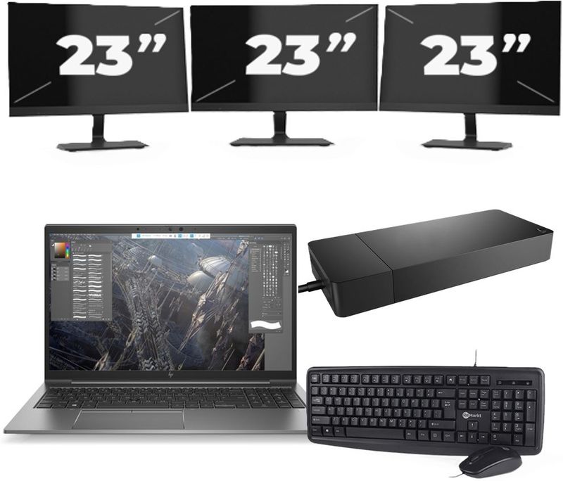 HP ZBook Firefly 15 G7 - Intel Core i7-10e Generatie - 15 inch - 16GB RAM - 256GB SSD - Windows 11 + 3x 23 inch Monitor Zichtbare schade