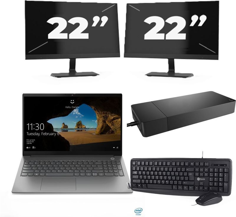 Lenovo ThinkBook 15 G2 ITL - Intel Core i5-11e Generatie - 15 inch - 16GB RAM - 256GB SSD - Windows 11 Home + 2x 22 inch Monitor Nette Staat