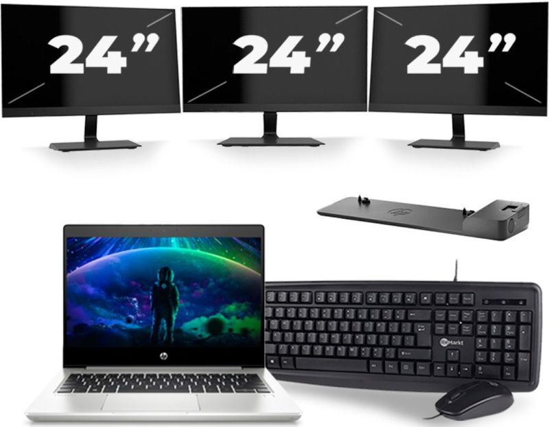 HP ProBook 430 G6 - Intel Core i5-8e Generatie - 13 inch - 16GB RAM - 256GB SSD - Windows 11 + 3x 24 inch Monitor Nette Staat