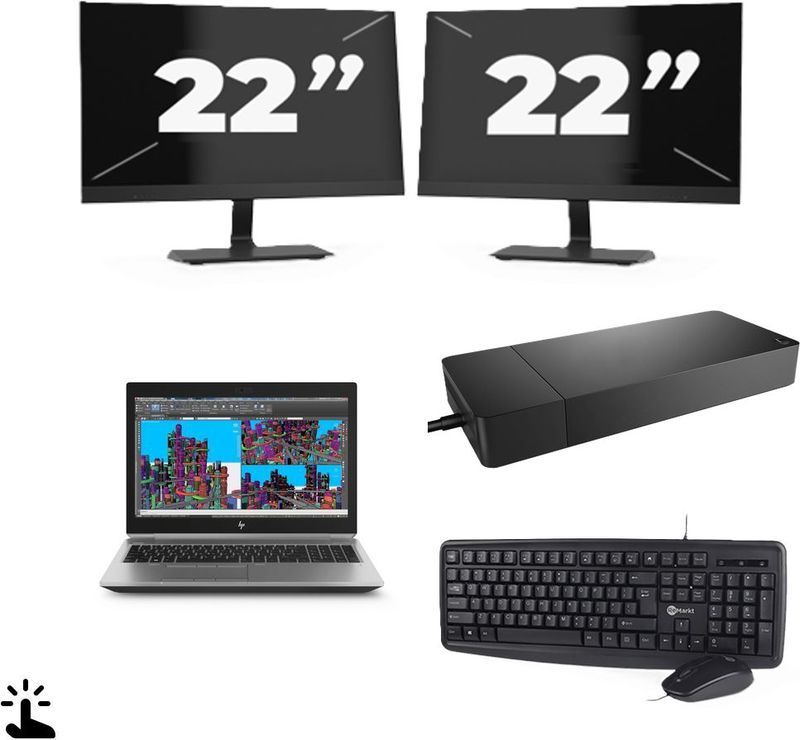 HP ZBook 15 G5 - Intel Core i7-8e Generatie - 15 inch - Touch - 16GB RAM - 256GB SSD - Windows 11 Home + 2x 22 inch Monitor Nette Staat