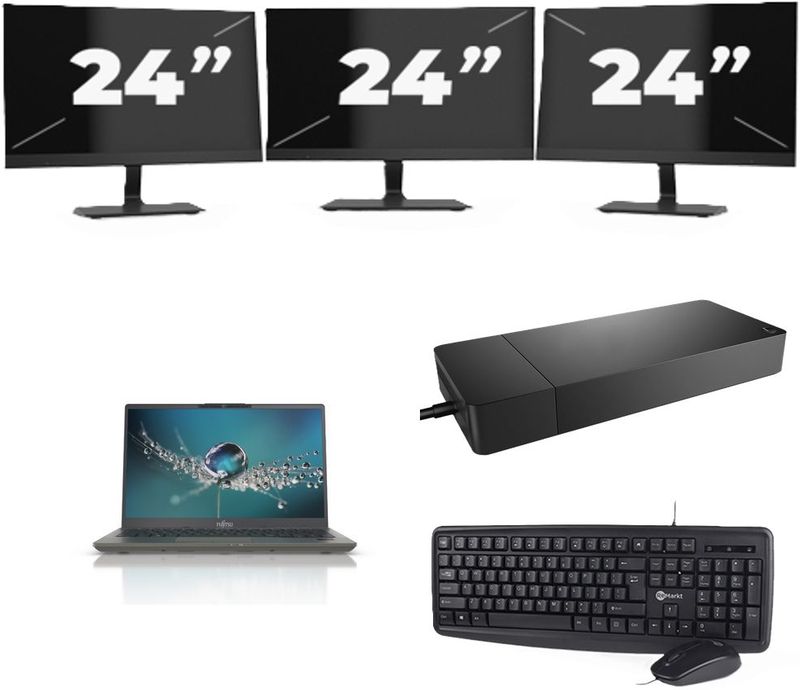 Fujitsu Lifebook U7411 - Intel Core i7-11e Generatie - 14 inch - 16GB RAM - 256GB SSD - Windows 11 Home + 3x 24 inch Monitor Nette Staat