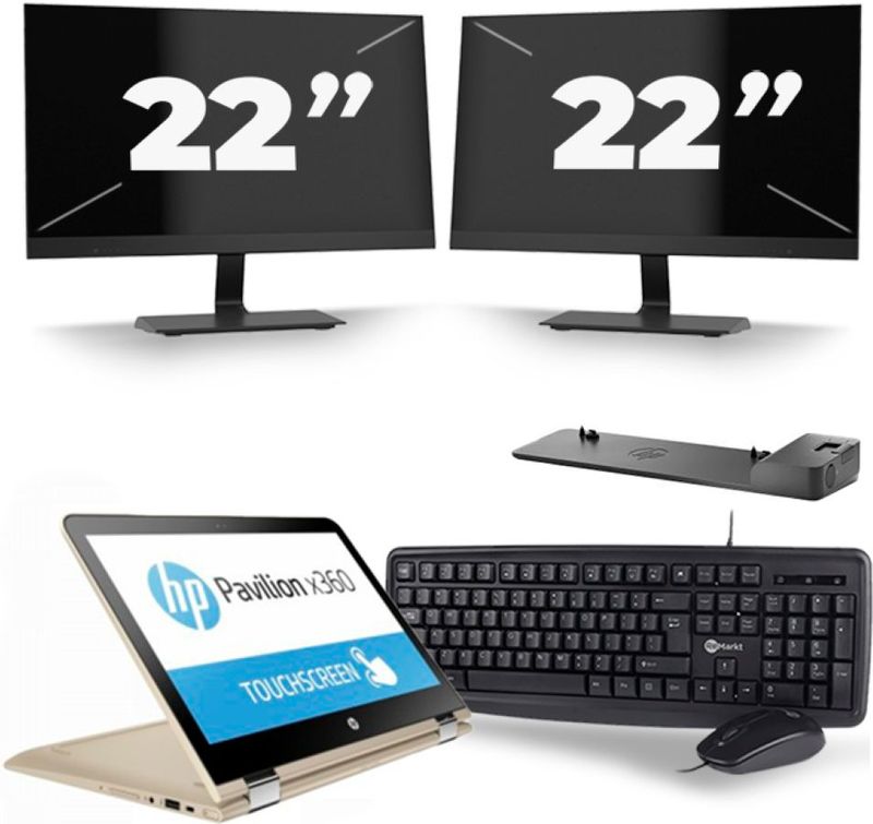HP Pavilion x360 Convertible 13 - Intel Core i3-6e Generatie - 14 inch - 8GB RAM - 256GB SSD - Windows 11 Home + 2x 22 inch Monitor Zichtbaar gebruikt