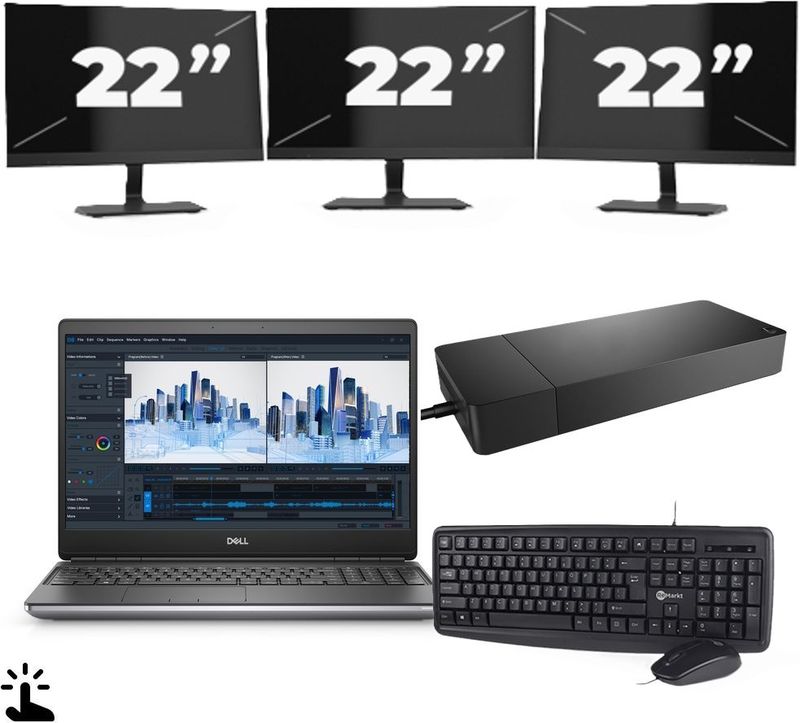Dell Precision 7560 - Intel Core i7-11e Generatie - 15 inch - Touch - 16GB RAM - 256GB SSD - Windows 11 Home + 3x 22 inch Monitor Zichtbaar gebruikt