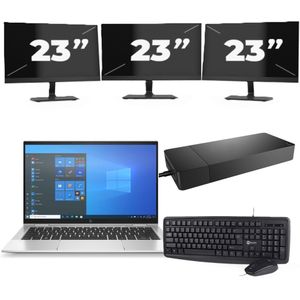 HP EliteBook x360 1030 G8 - Intel Core i7-11e Generatie - 13 inch - 16GB RAM - 256GB SSD - Windows 11 Home + 3x 23 inch Monitor Zichtbaar gebruikt