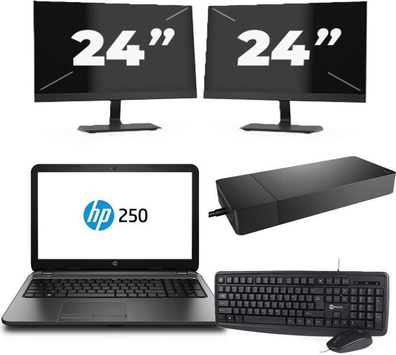 HP 250 G3 - Intel Core i3-4e Generatie - 15 inch - 8GB RAM - 256GB SSD - Windows 11 Home + 2x 24 inch Monitor Zichtbaar gebruikt