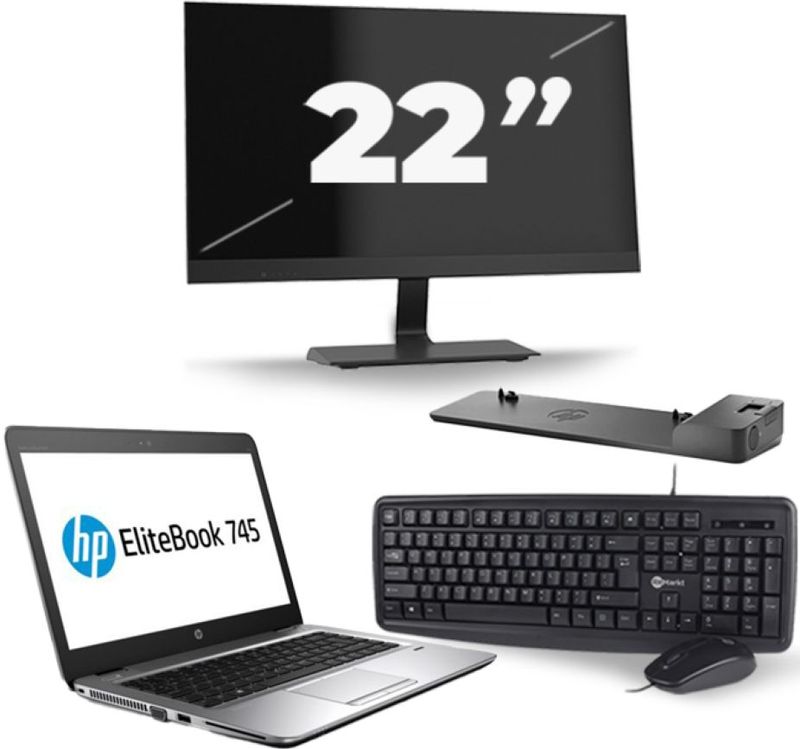 HP EliteBook 745 G3 - AMD PRO A10-8700B - 14 inch - 8GB RAM - 256GB SSD - Windows 11 + 1x 22 inch Monitor Zichtbaar gebruikt