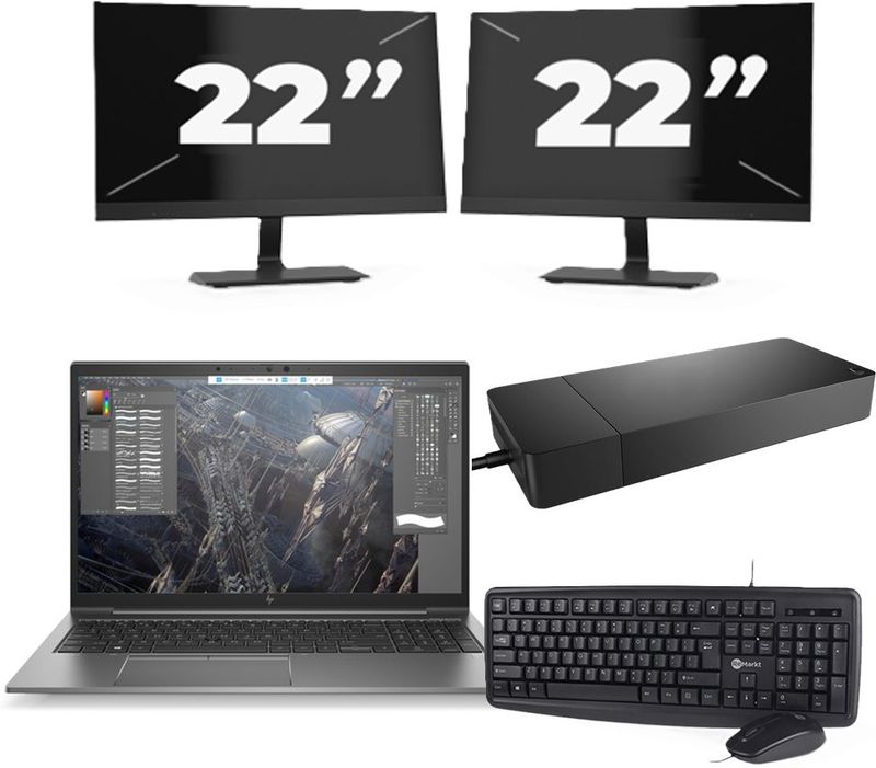 HP ZBook Firefly 15 G7 - Intel Core i7-10e Generatie - 15 inch - 16GB RAM - 256GB SSD - Windows 11 + 2x 22 inch Monitor Zichtbaar gebruikt