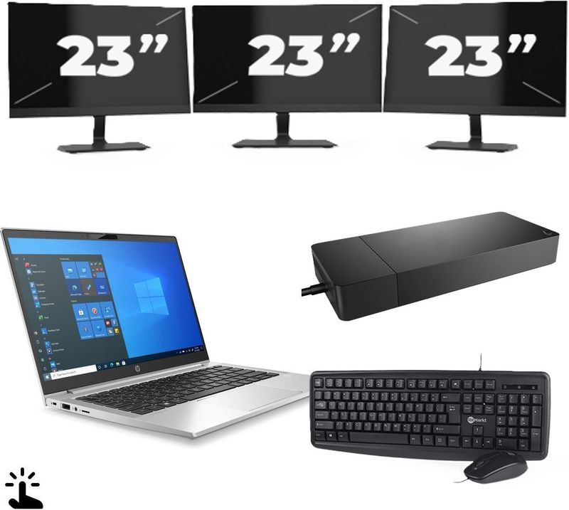 HP ProBook 430 G8 - Intel Core i5-11e Generatie - 13 inch - Touch - 16GB RAM - 256GB SSD - Windows 11 Home + 3x 23 inch Monitor Nette Staat