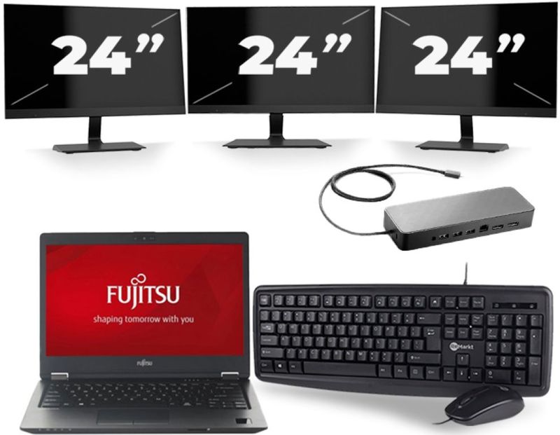 Fujitsu LifeBook U728 - Intel Core i7-8e Generatie - 12 inch - 16GB RAM - 256GB SSD - Windows 11 + 3x 24 inch Monitor Zichtbaar gebruikt