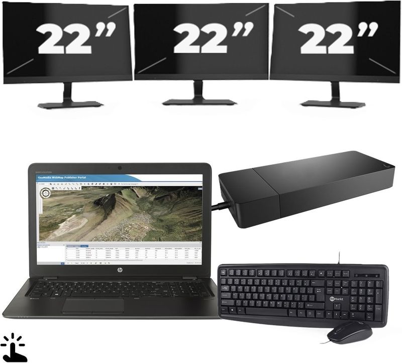 HP ZBook 15u G3 - Intel Core i7-6e Generatie - 15 inch - Touch - 16GB RAM - 256GB SSD - Windows 11 Home + 3x 22 inch Monitor Zichtbare schade