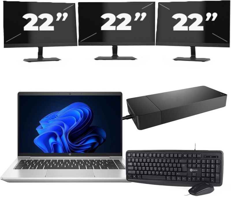 HP ProBook 440 G9 - Intel Core i3-12e Generatie - 14 inch - 16GB RAM - 256GB SSD - Windows 11 + 3x 22 inch Monitor Zichtbare schade