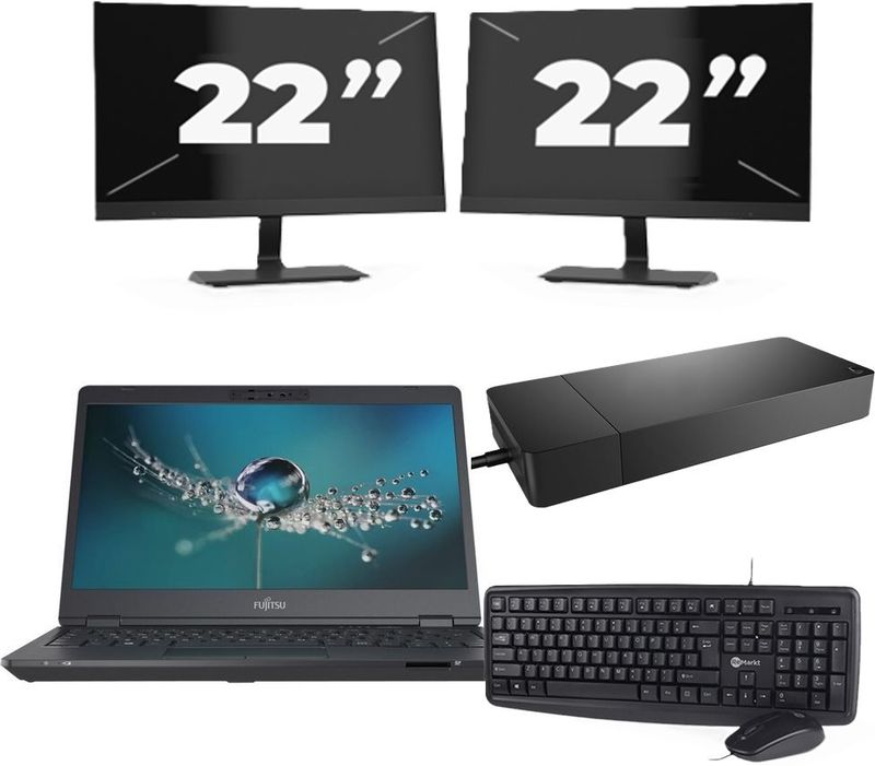 Fujitsu LIFEBOOK U7311 - Intel Core i5-11e Generatie - 13 inch - 16GB RAM - 256GB SSD - Windows 11 Home + 2x 22 inch Monitor Nette Staat