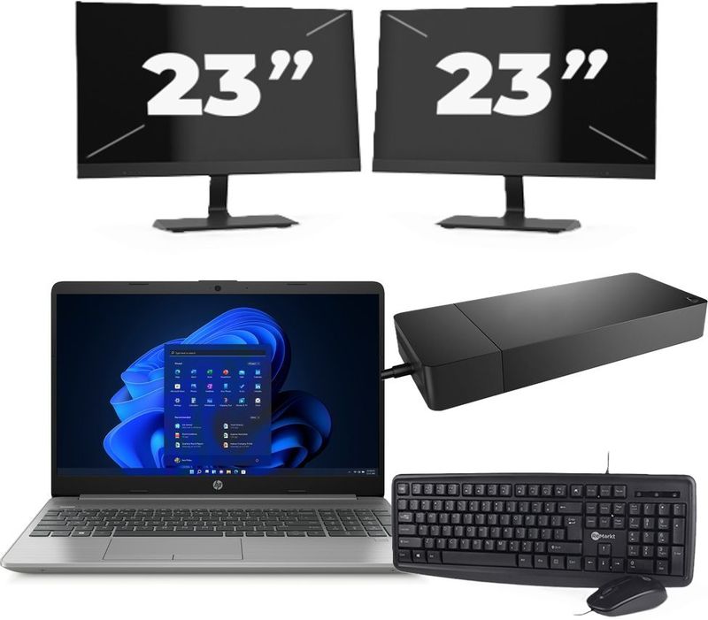 HP 250 G8 - Intel Core i5-11e Generatie - 15 inch - 16GB RAM - 256GB SSD - Windows 11 Home + 2x 23 inch Monitor Zichtbare schade