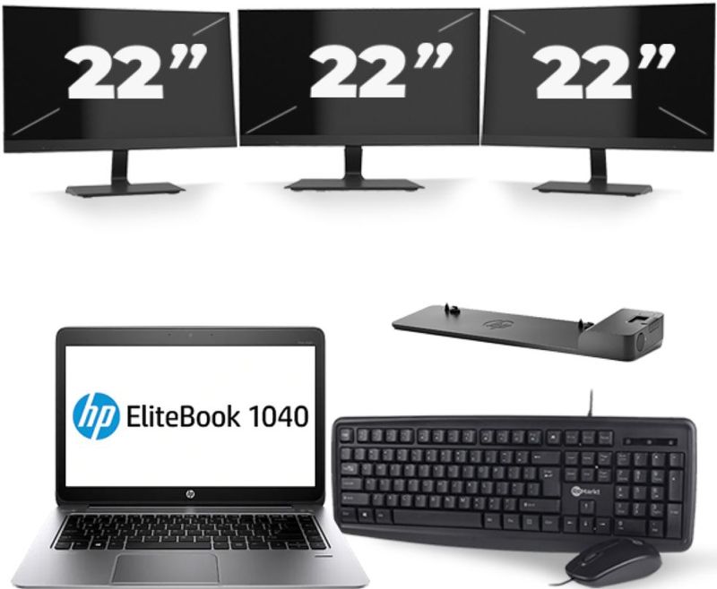 HP EliteBook Folio 1040 G3 - Intel Core i5-6e Generatie - 14 inch - 8GB RAM - 256GB SSD - Windows 11 + 3x 22 inch Monitor Nette Staat