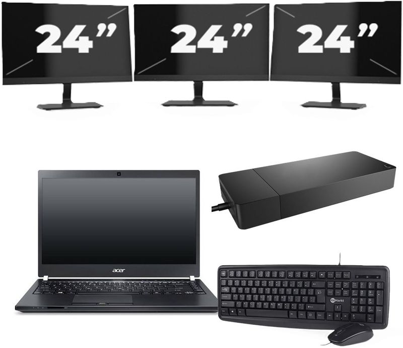 Acer TravelMate P645-SG - Intel Core i7-5e Generatie - 14 inch - 8GB RAM - 256GB SSD - Windows 11 Home + 3x 24 inch Monitor Nette Staat