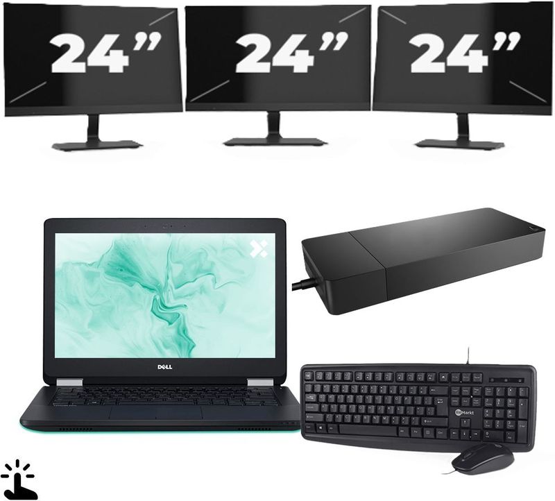 Dell Latitude E5270 - Intel Core i3-6e Generatie - 12 inch - Touch - 8GB RAM - 256GB SSD - Windows 11 Home + 3x 24 inch Monitor Nette Staat