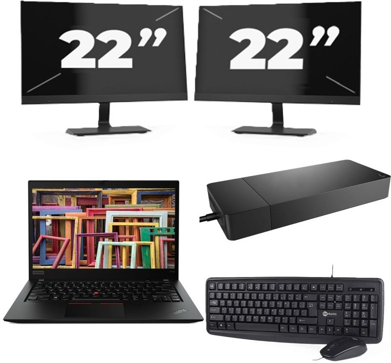 Lenovo ThinkPad T14s Gen 1 - Intel Core i7-10e Generatie - 14 inch - 16GB RAM - 256GB SSD - Windows 11 Home + 2x 22 inch Monitor Nette Staat