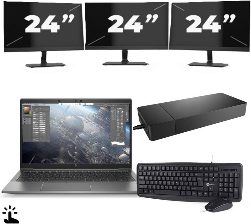 HP ZBook Firefly 14 G8 - Intel Core i7-11e Generatie - 14 inch - Touch - 16GB RAM - 256GB SSD - Windows 11 Home + 3x 24 inch Monitor Zichtbaar gebruikt