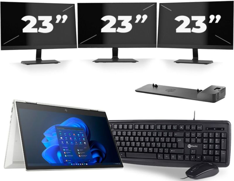 HP EliteBook x360 830 G8 - Intel Core i5-11e Generatie - 13 inch - 16GB RAM - 256GB SSD - Windows 11 Home + 3x 23 inch Monitor Zichtbaar gebruikt