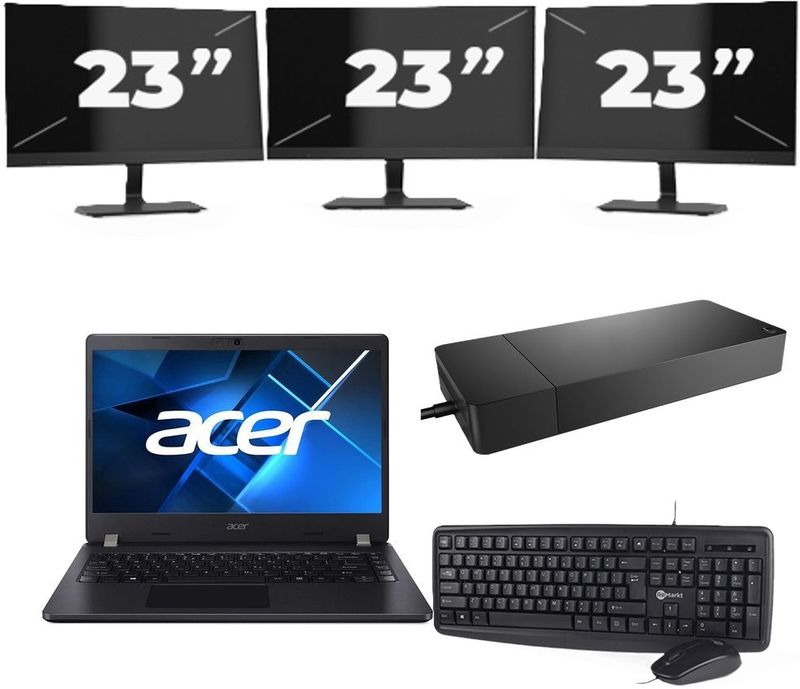 Acer TravelMate P214-53 - Intel Core i5-11e Generatie - 14 inch - 16GB RAM - 256GB SSD - Windows 11 Home + 3x 23 inch Monitor Nette Staat