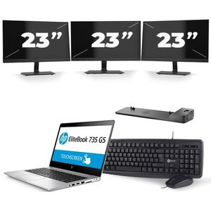 HP EliteBook 735 G5 - AMD Ryzen 5 PRO 2500U - 13 inch - 8GB RAM - 256GB SSD - Windows 10 + 3x 23 inch Monitor Zichtbaar gebruikt