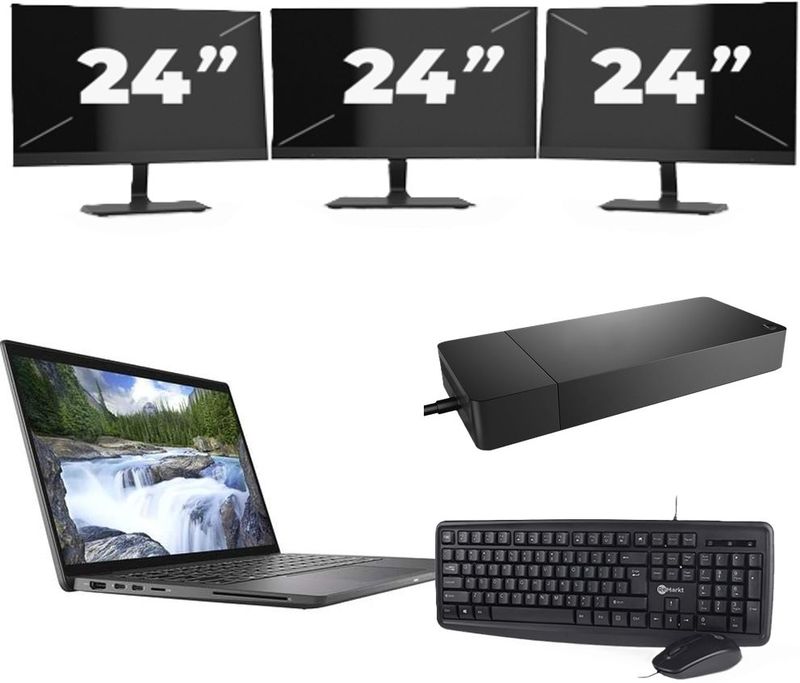 Dell Latitude 7410 - Intel Core i7-10e Generatie - 14 inch - 16GB RAM - 256GB SSD - Windows 11 Home + 3x 24 inch Monitor Nette Staat