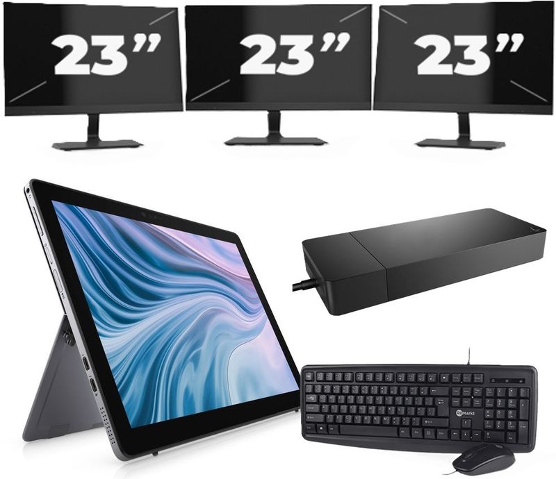 Dell Latitude 7210 - Intel Core i7-10e Generatie - 12 inch - 16GB RAM - 256GB SSD - Windows 11 Home + 3x 23 inch Monitor Zichtbaar gebruikt