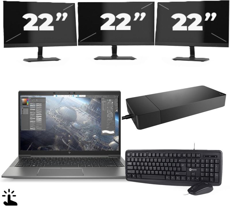 HP ZBook Firefly 14 G8 - Intel Core i7-11e Generatie - 14 inch - Touch - 16GB RAM - 256GB SSD - Windows 11 Home + 3x 22 inch Monitor Zichtbaar gebruikt