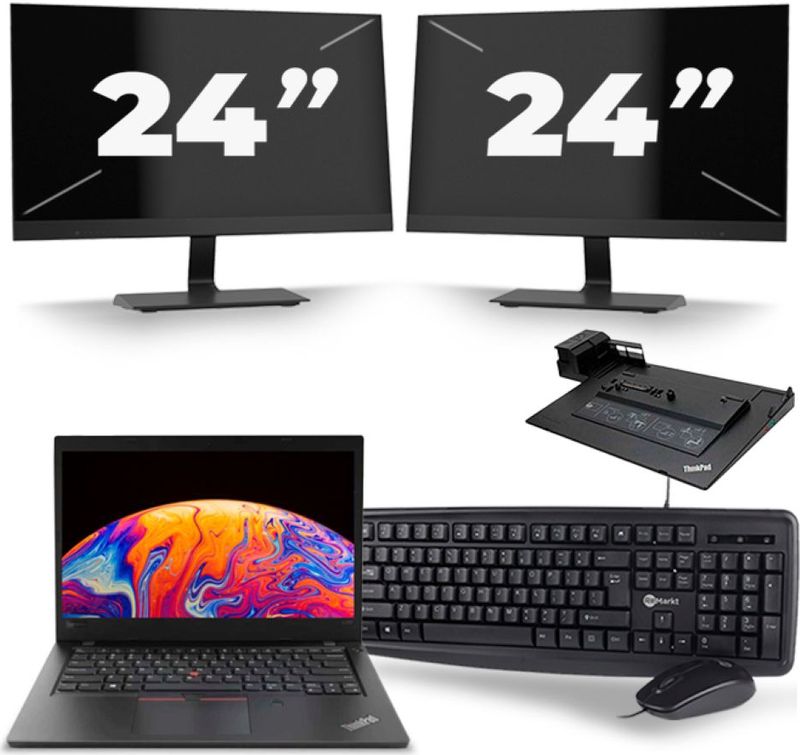 Lenovo ThinkPad L480 - Intel Core i5-8e Generatie - 14 inch - 16GB RAM - 256GB SSD - Windows 11 + 2x 24 inch Monitor Nette Staat