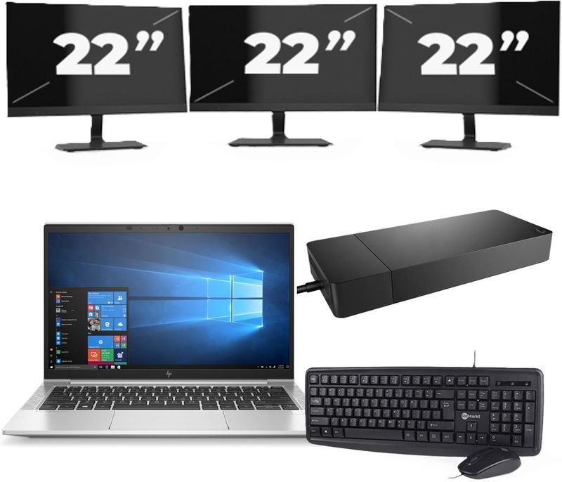 HP EliteBook 835 G7 - AMD Ryzen 7 PRO 4750U - 13 inch - 16GB RAM - 256GB SSD - Windows 11 Home + 3x 22 inch Monitor Zichtbaar gebruikt